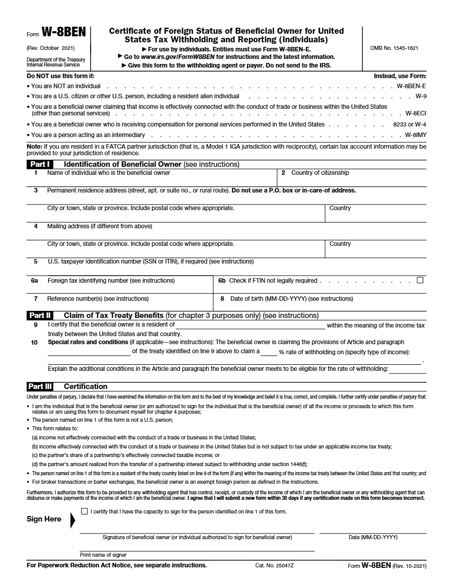 Form W-8BEN, page 1